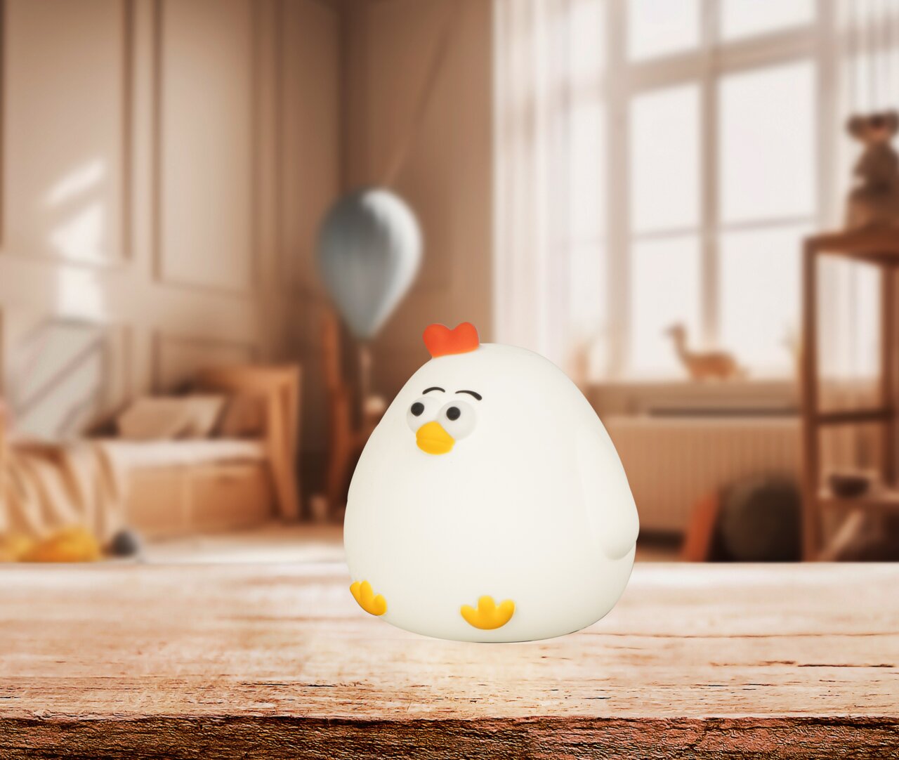 Niedliches Akku-Nachtlicht in Form eines Huhns, auf einem Tisch in einem gemütlichen Kinderzimmer platziert, seitliche Perspektive.