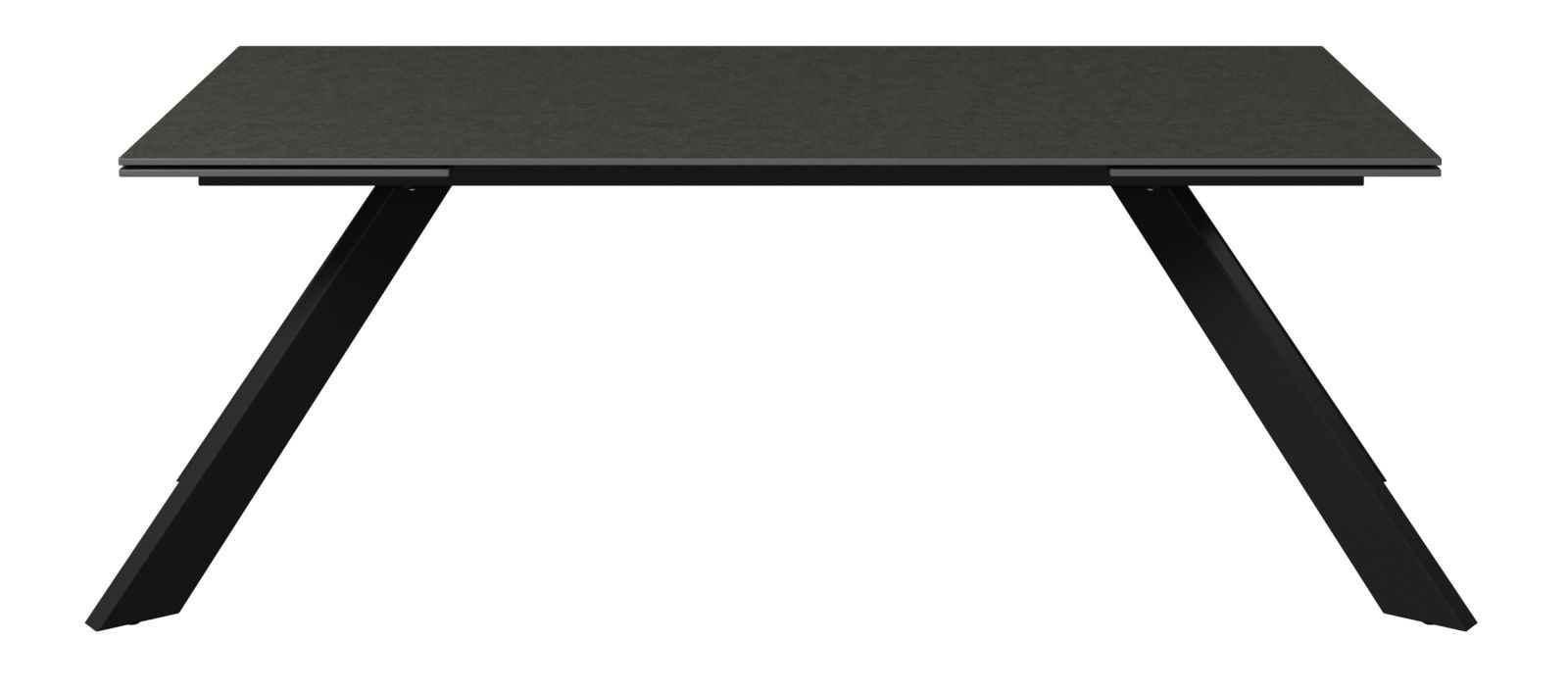 Moderner Gartentisch mit schwarzer Tischplatte und schrägen Beinen, Frontalansicht