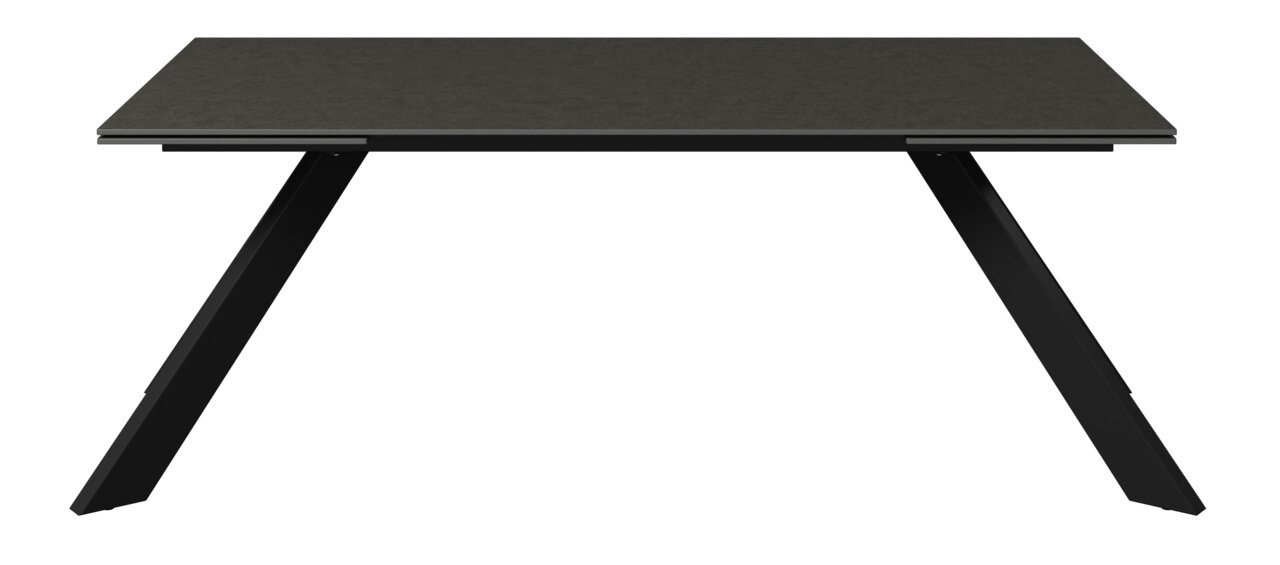 Moderne tuintafel met zwart tafelblad en schuine poten, vooraanzicht