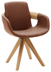 Moderner Sessel mit braunem Lederbezug und Holzbeinen, seitliche Perspektive