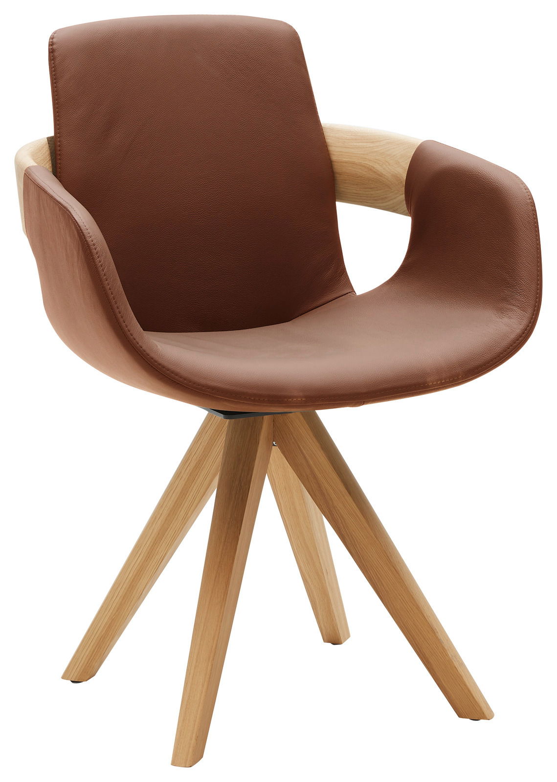 Moderner Sessel mit braunem Lederbezug und Holzbeinen, seitliche Perspektive