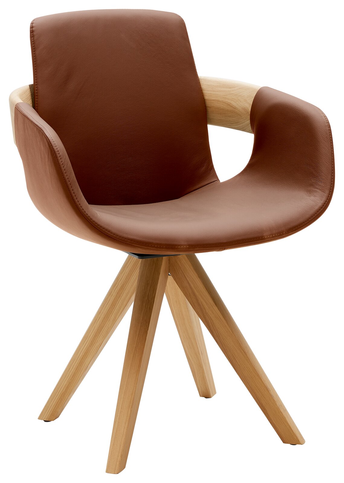 Moderner Sessel mit braunem Lederbezug und Holzbeinen, seitliche Perspektive