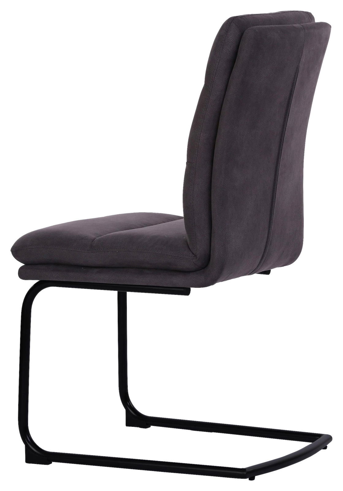 Seitenansicht eines modernen Freischwingers mit schwarzem Metallgestell und gepolstertem, dunkelgrauem Sitz und Rückenlehne.