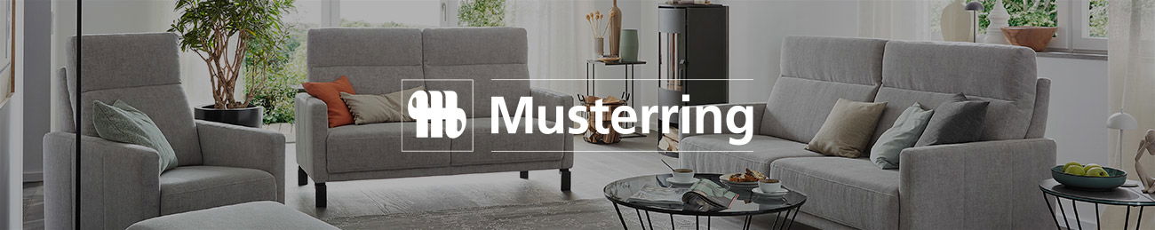 Das Bild zeigt ein Wohnzimmer mit grauen Polstermöbeln. Es gibt ein Sofa, einen Sessel und kleine Tische mit Glasplatten. Im Hintergrund stehen Pflanzen und Dekorationen. In der Mitte steht das Logo von „Musterring“.