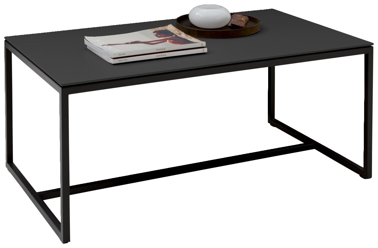 Dieter Knoll Couchtisch RINA Moderner Couchtisch mit schwarzer Tischplatte und schlankem Metallgestell, seitliche Perspektive.