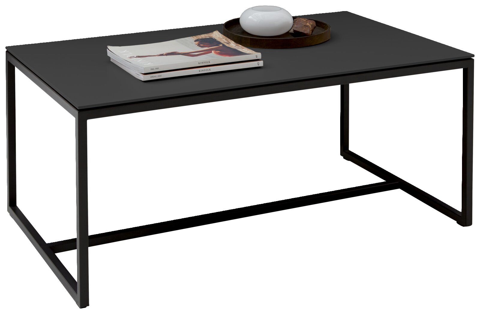 Dieter Knoll Salontafel RINA Moderne salontafel met zwart tafelblad en slank metalen onderstel, gezien vanaf de zijkant.