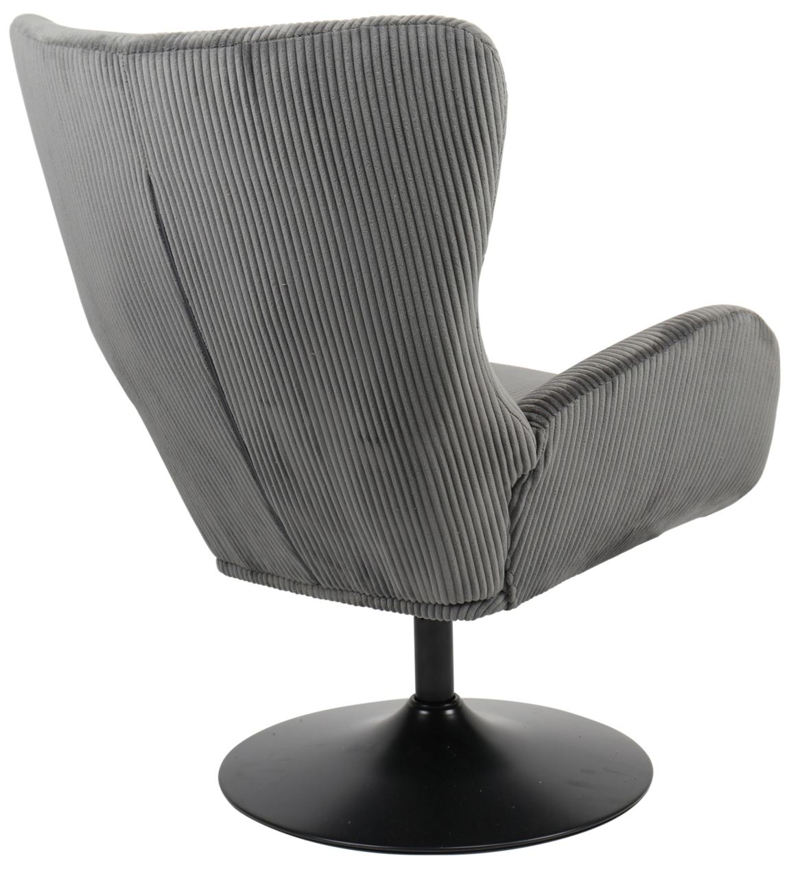 Grauer Sessel mit geripptem Stoffbezug, Rückansicht, auf schwarzem Drehteller.