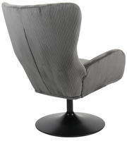 Grauer Sessel mit geripptem Stoffbezug, Rückansicht, auf schwarzem Drehteller.