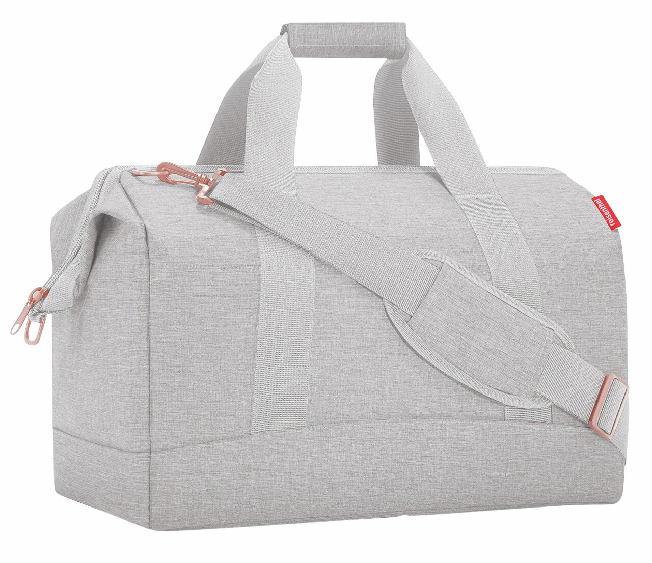 Reisenthel Allrounder L Twist Sky Rose Graue Allrounder-Tasche mit Tragegriff und Schultergurt, seitliche Perspektive