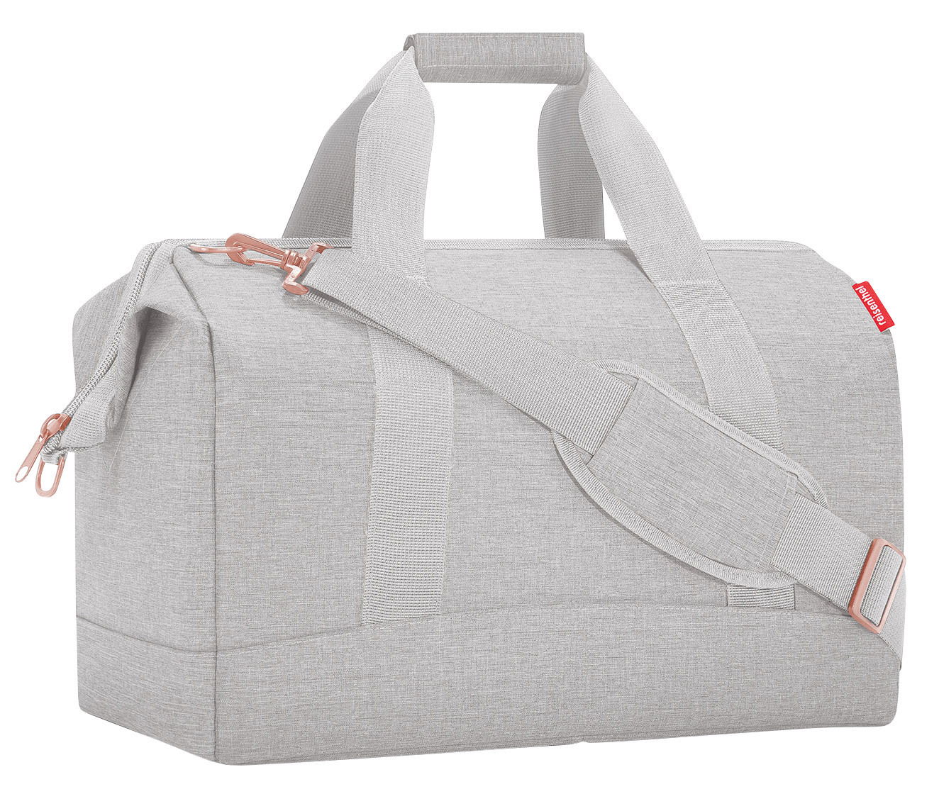 Graue Allrounder-Tasche mit Tragegriff und Schultergurt, seitliche Perspektive