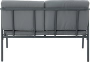 Rückansicht einer grauen Gartenlounge mit Metallrahmen und gepolsterten Kissen.