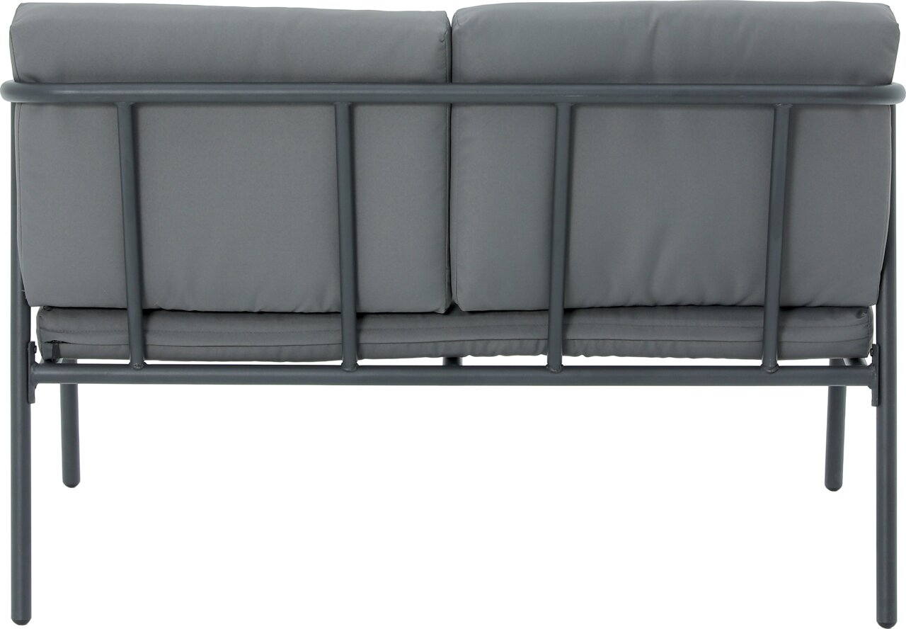 Rückansicht einer grauen Gartenlounge mit Metallrahmen und gepolsterten Kissen.