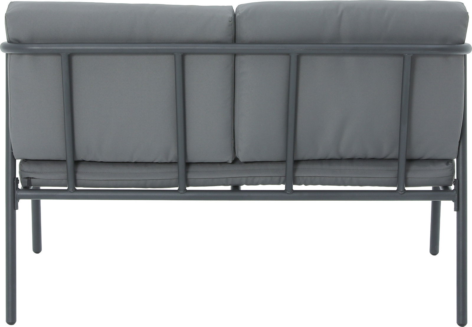 Rückansicht einer grauen Gartenlounge mit Metallrahmen und gepolsterten Kissen.