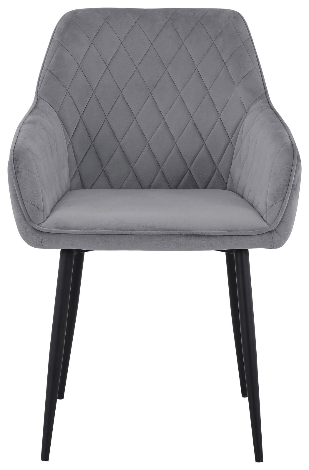 Grauer Armlehnstuhl mit gesteppter Rückenlehne und schwarzen Beinen, Frontalansicht
