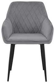 Grauer Armlehnstuhl mit gesteppter Rückenlehne und schwarzen Beinen, Frontalansicht