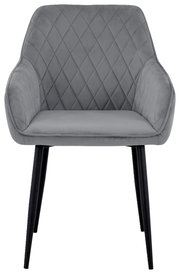 Grauer Armlehnstuhl mit gesteppter Rückenlehne und schwarzen Beinen, Frontalansicht