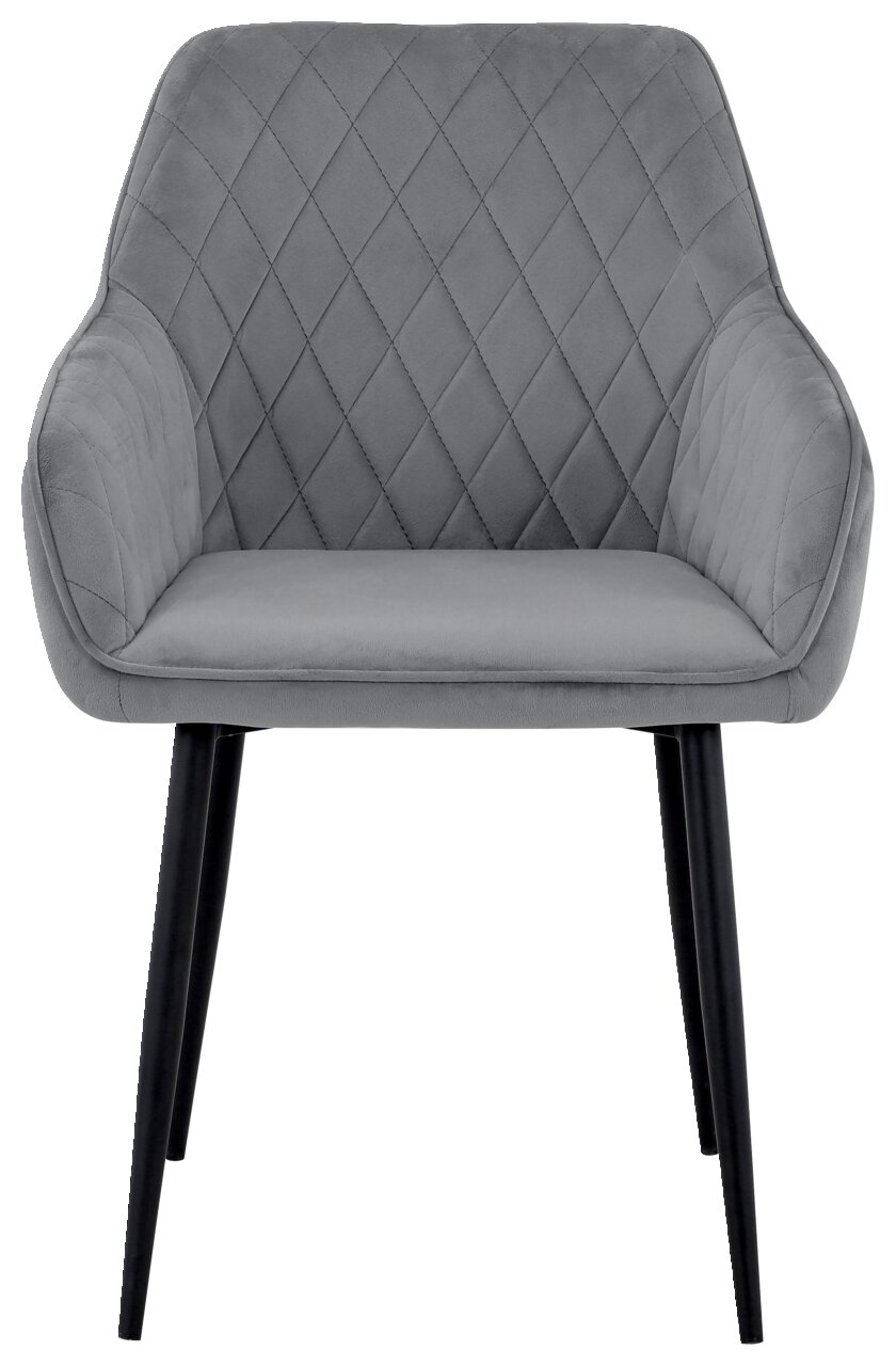 Grauer Armlehnstuhl mit gesteppter Rückenlehne und schwarzen Beinen, Frontalansicht