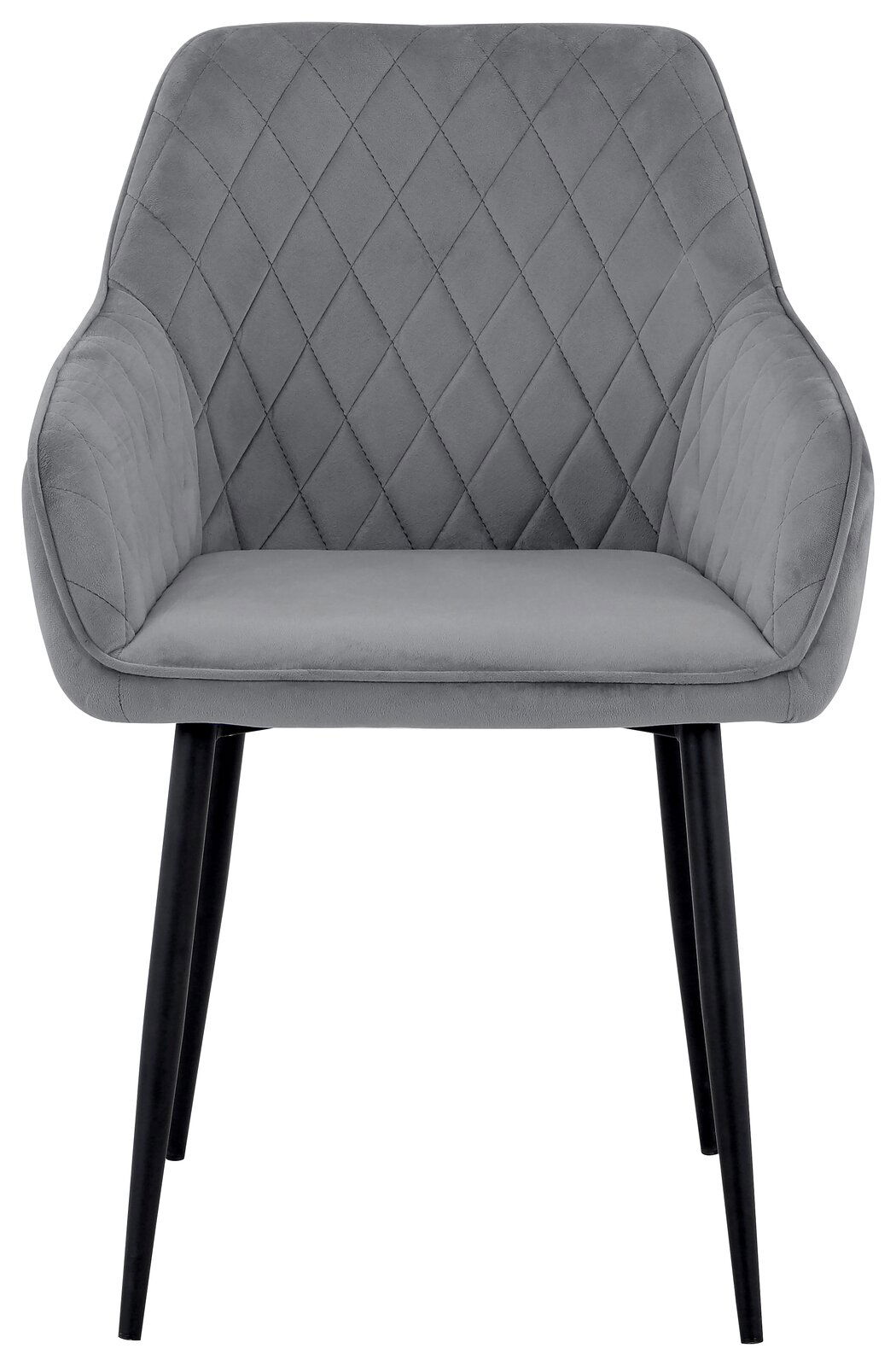 Grauer Armlehnstuhl mit gesteppter Rückenlehne und schwarzen Beinen, Frontalansicht