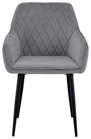 Grauer Armlehnstuhl mit gesteppter Rückenlehne und schwarzen Beinen, Frontalansicht