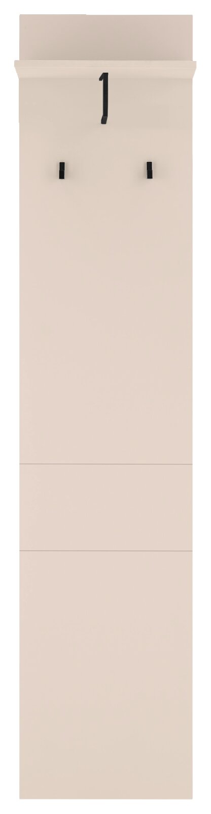 Hoher, schmaler weißer Standbriefkasten mit schwarzer Hausnummer „1“ und zwei kleinen schwarzen Halterungen, frontal von vorne aufgenommen.