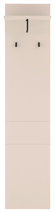 Hoher, schmaler weißer Standbriefkasten mit schwarzer Hausnummer „1“ und zwei kleinen schwarzen Halterungen, frontal von vorne aufgenommen.