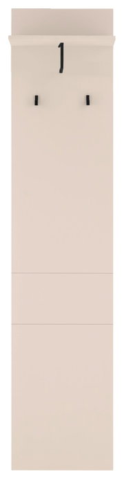 Hoher, schmaler weißer Standbriefkasten mit schwarzer Hausnummer „1“ und zwei kleinen schwarzen Halterungen, frontal von vorne aufgenommen.
