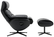 Zijaanzicht van een zwarte relaxfauteuil met bijpassende voetenbank, beide met draaibare voet.
