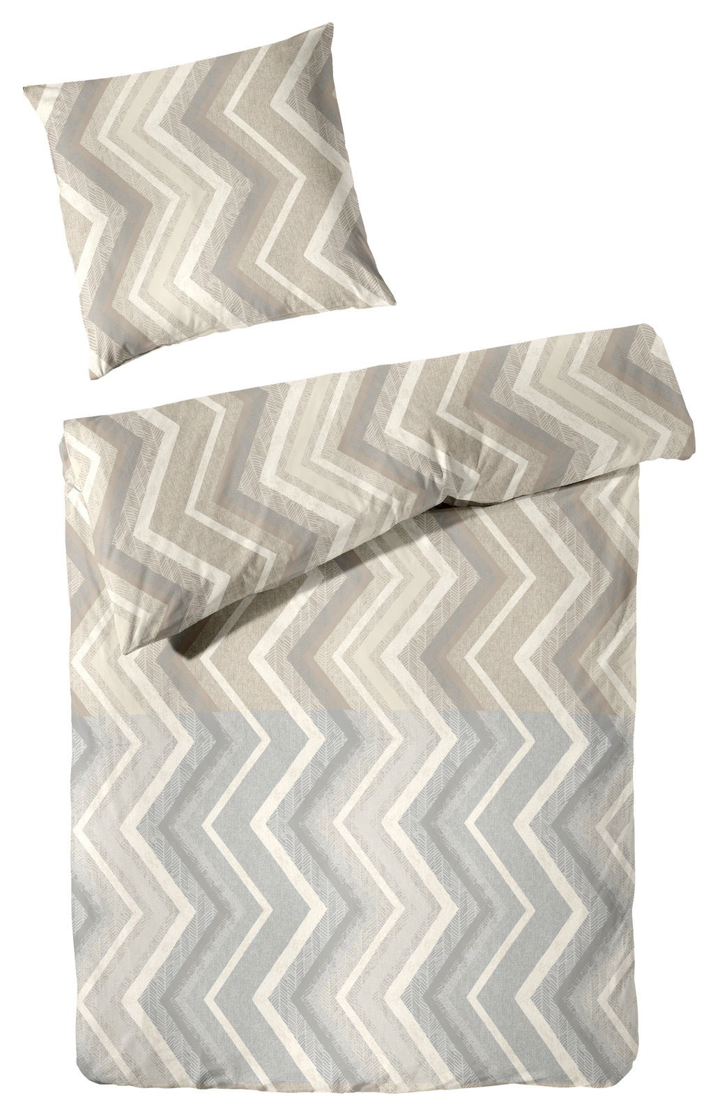 Bettwäsche-Set mit Zickzackmuster in Beige- und Grautönen, bestehend aus einem Kissenbezug und einem Bettdeckenbezug, aus der Vogelperspektive fotografiert.