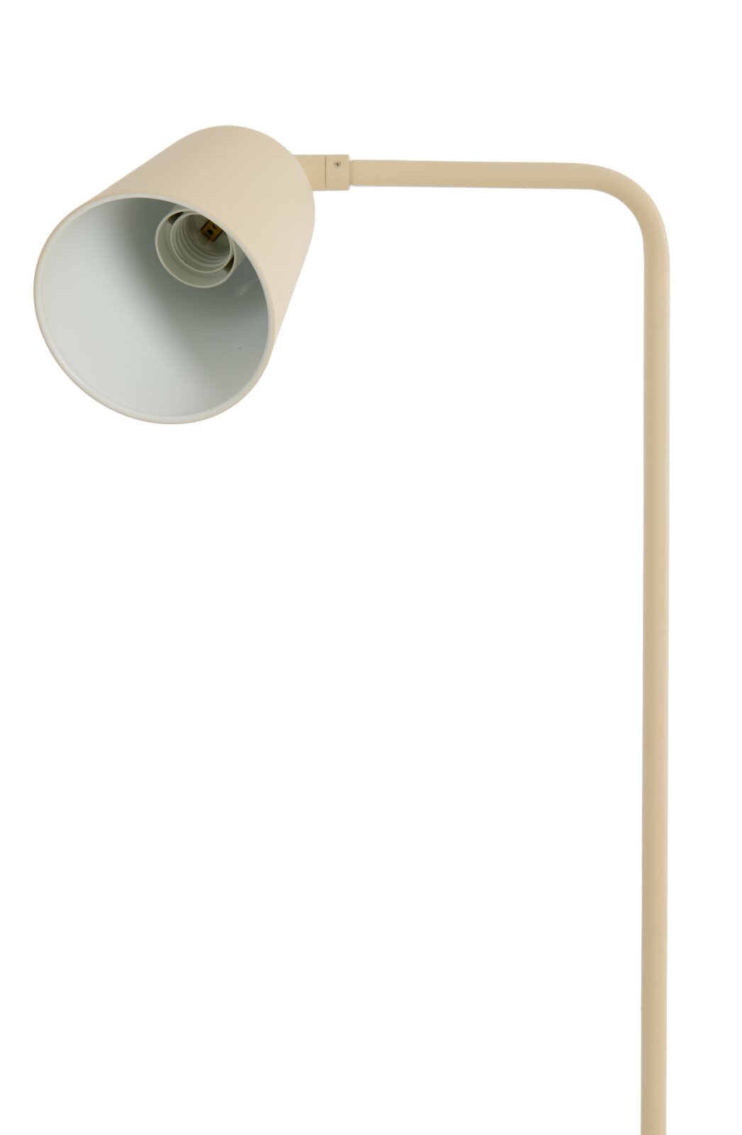 Crèmekleurige metalen vloerlamp met gebogen arm en verstelbare conische kap, schuin van voren en iets van onderen weergegeven