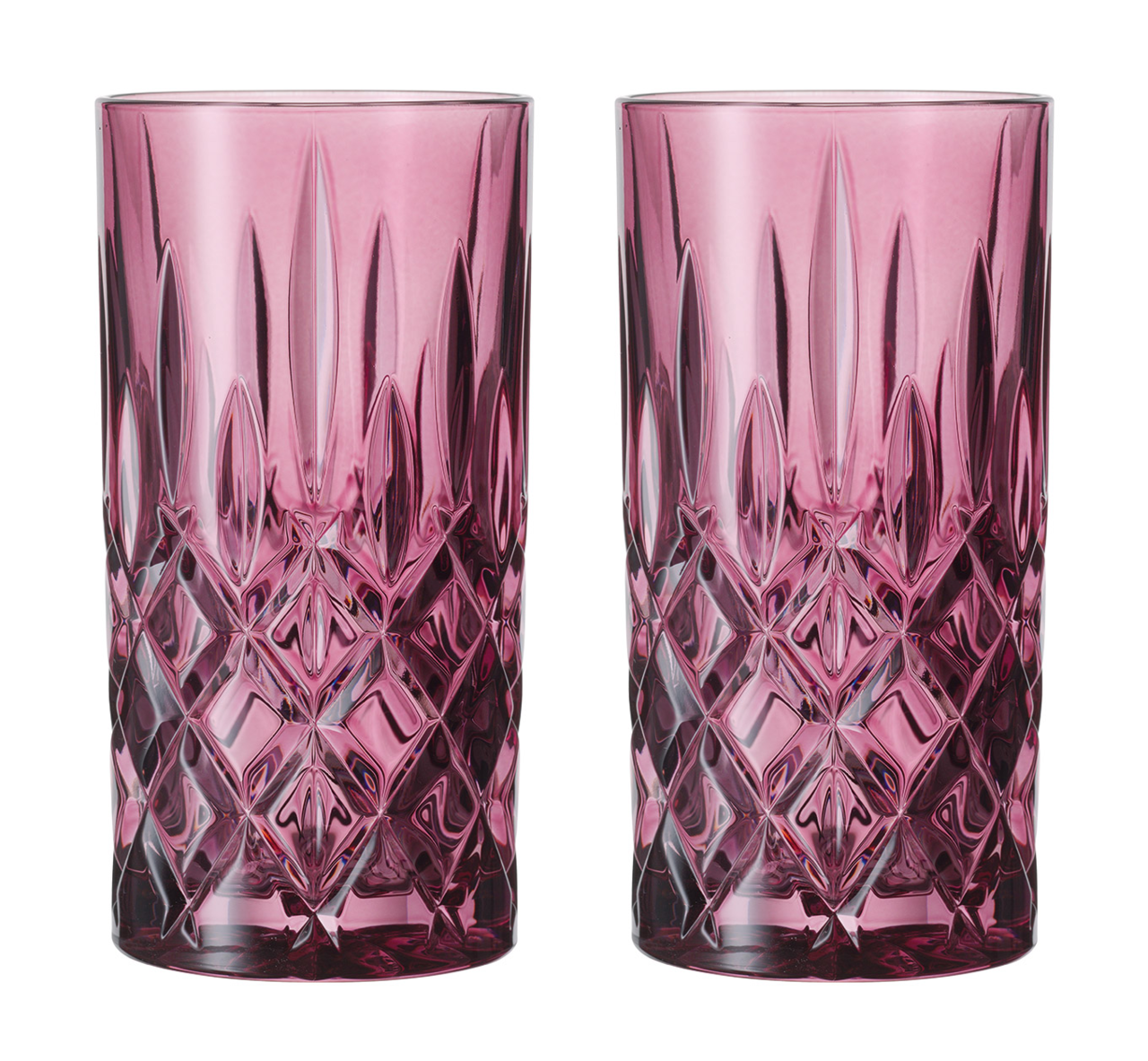 Nachtmann Longdrinkglas Noblesse 2er-Set NOBLESSE Zwei rosafarbene Longdrinkgläser im Noblesse-Design, frontal abgebildet mit elegantem Schliffmuster.