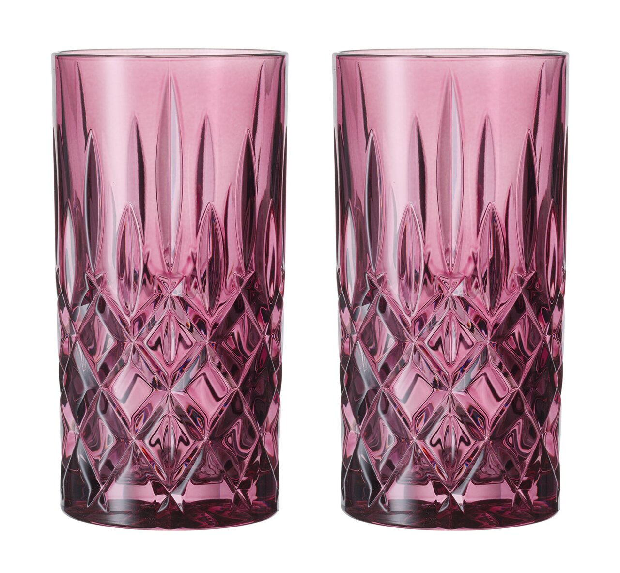 Zwei rosafarbene Longdrinkgläser im Noblesse-Design, frontal abgebildet mit elegantem Schliffmuster.