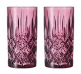 Zwei rosafarbene Longdrinkgläser im Noblesse-Design, frontal abgebildet mit elegantem Schliffmuster.