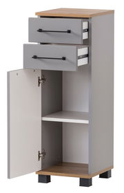 Unterschrank mit zwei offenen Schubladen und einer geöffneten Tür, aus grauem Material mit Holzoberfläche, Perspektive von vorne.