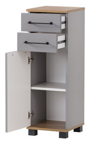 Unterschrank mit zwei offenen Schubladen und einer geöffneten Tür, aus grauem Material mit Holzoberfläche, Perspektive von vorne.