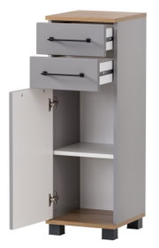 Unterschrank mit zwei offenen Schubladen und einer geöffneten Tür, aus grauem Material mit Holzoberfläche, Perspektive von vorne.