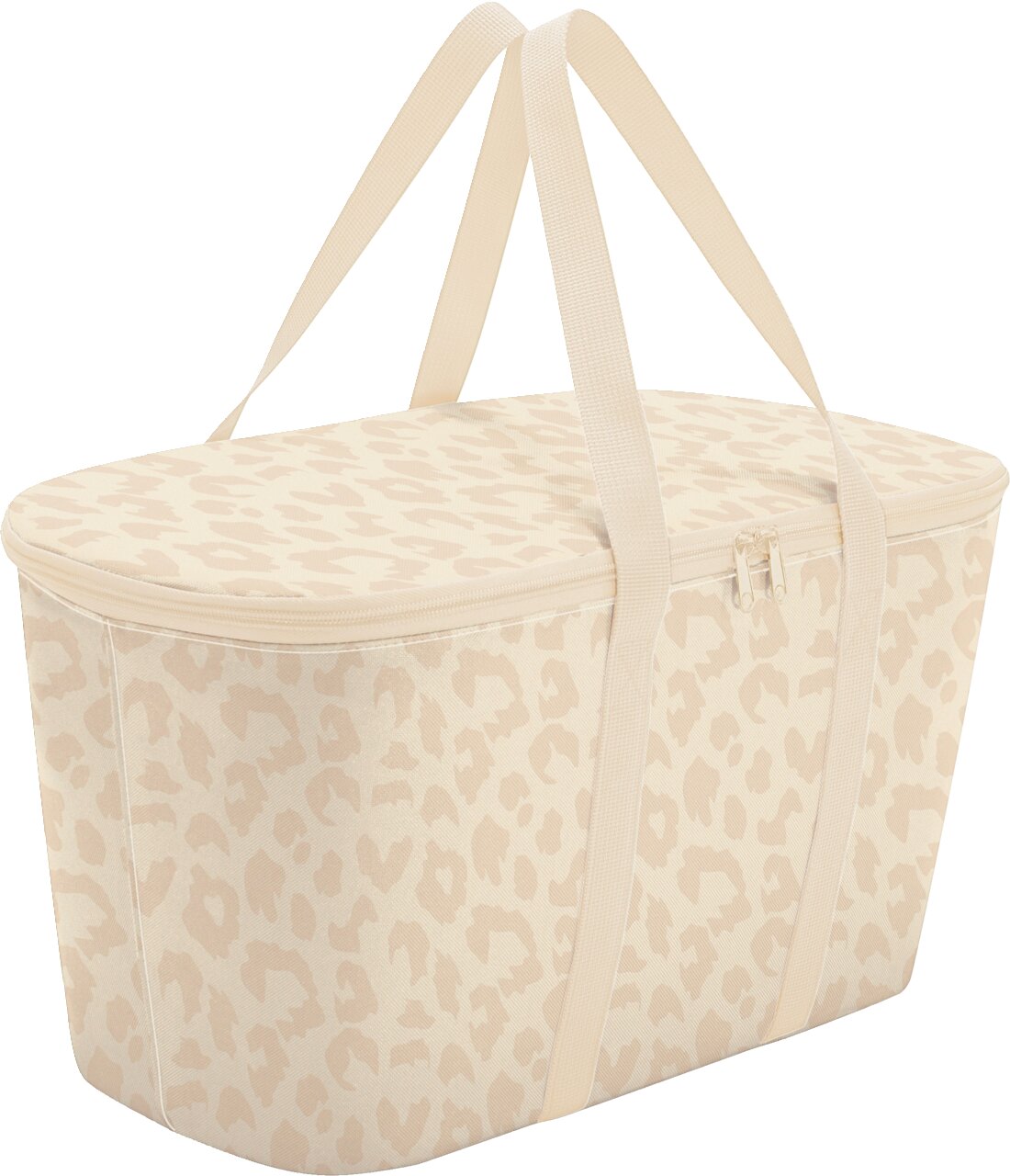 Beige gemusterte Tragetasche mit Reißverschluss und langen Henkeln, in schräger Vorderansicht vor weißem Hintergrund.