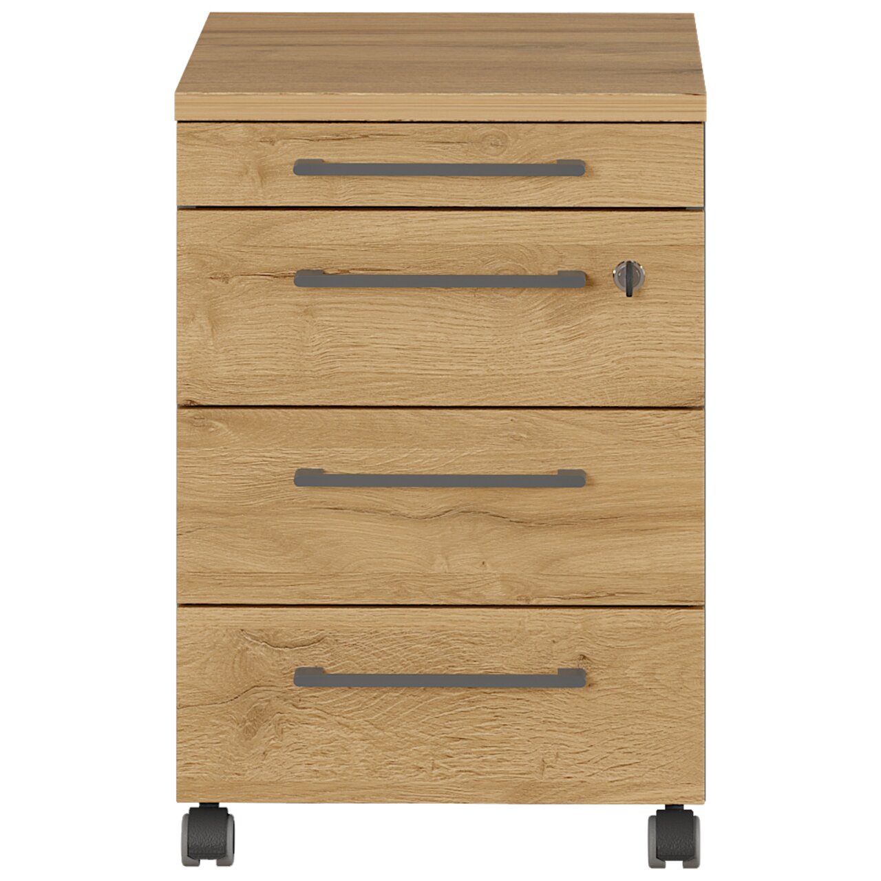 Rollcontainer aus Holz mit vier Schubladen, Frontansicht