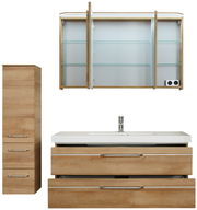 Badezimmermöbel-Set aus Holz mit Waschbecken, Unterschrank, Hochschrank und Spiegelschrank, Frontalansicht