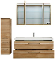 Houten badkamermeubelset met wastafel, onderkast, hoge kast en spiegelkast, vooraanzicht