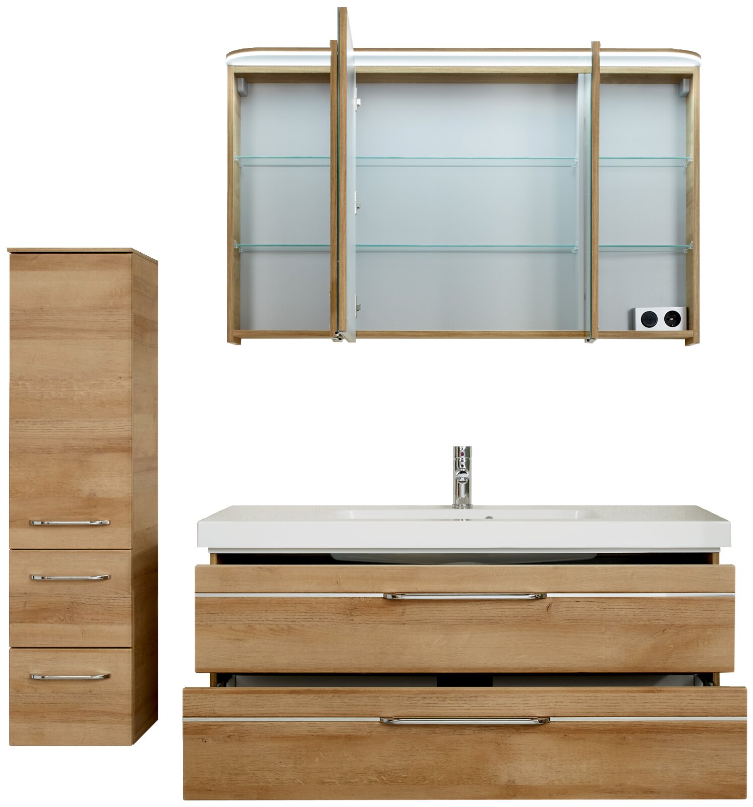 Houten badkamermeubelset met wastafel, onderkast, hoge kast en spiegelkast, vooraanzicht
