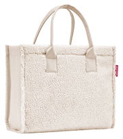 Beige Shopper-Tasche aus weichem, flauschigem Material mit zwei Griffen, seitliche Perspektive