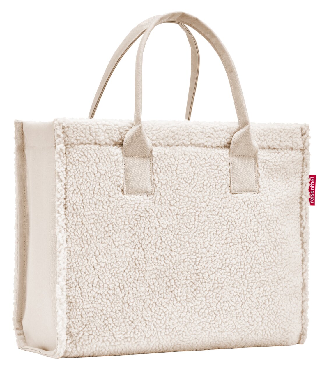 Beige Shopper-Tasche aus weichem, flauschigem Material mit zwei Griffen, seitliche Perspektive