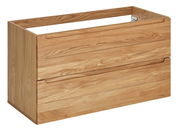 Waschtischunterschrank aus Holz in natürlicher Holzoptik, perspektivisch von vorne links fotografiert.