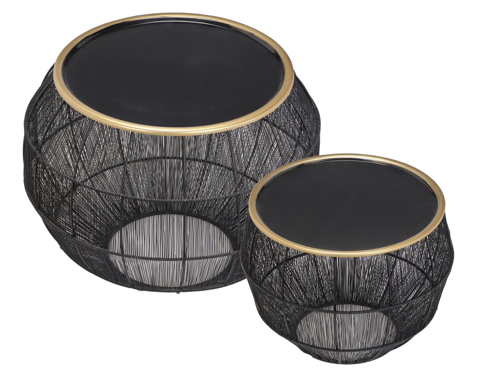 Zwei runde Beistelltische im Set, mit schwarzer Glasplatte und goldfarbenem Rand, aus Drahtgeflecht, aus der Vogelperspektive.