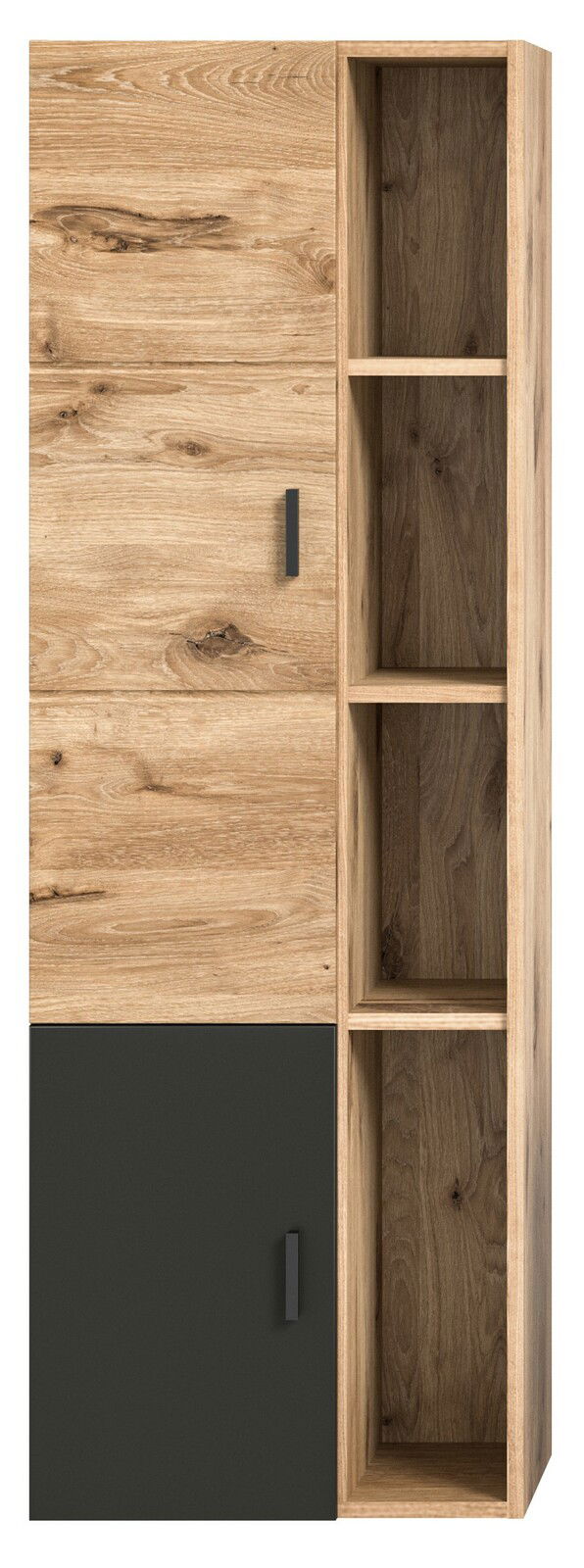 Midischrank aus Holz mit zwei Türen und offenen Regalfächern, Frontalansicht