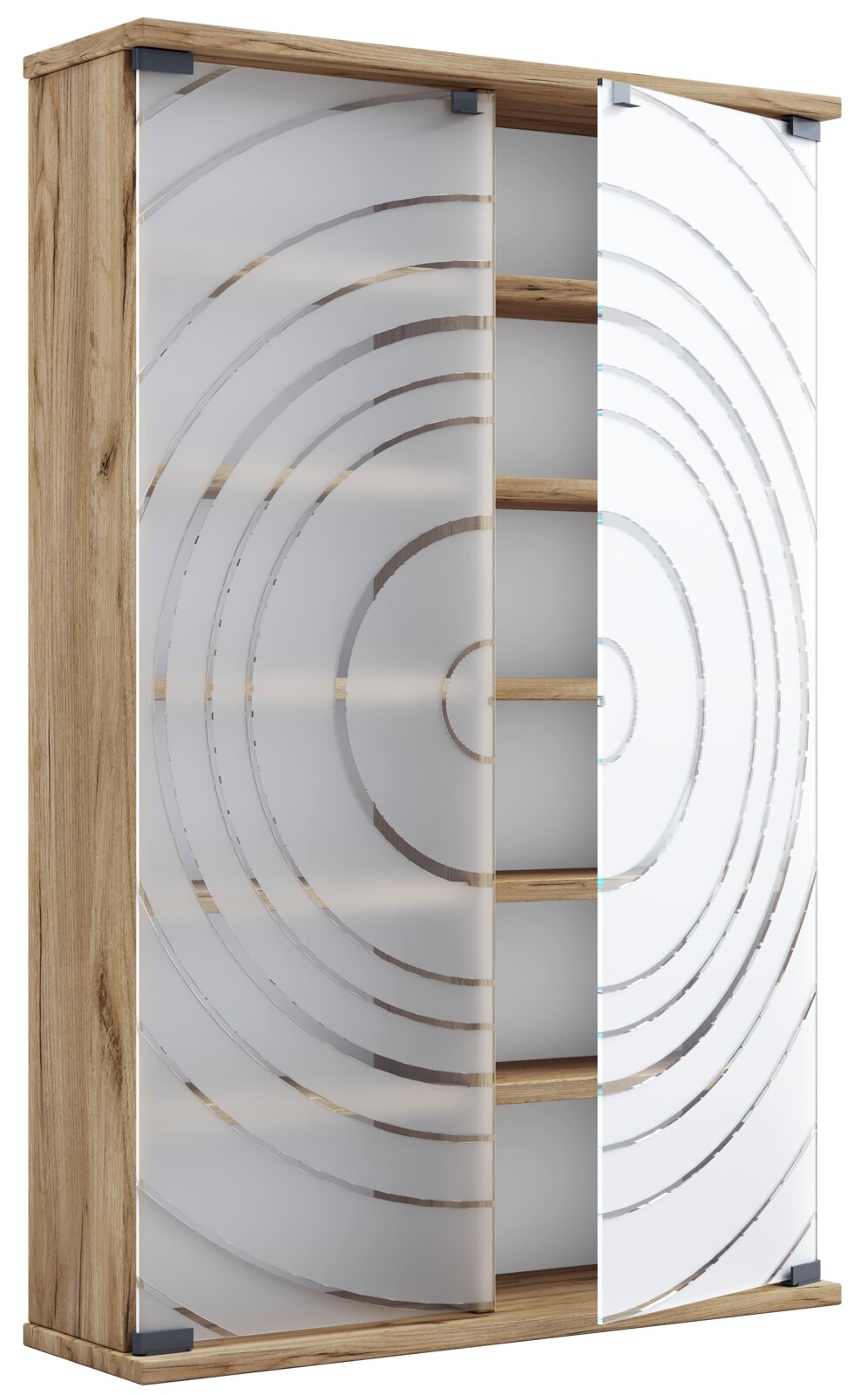 Schmaler Holzschrank mit zwei teils geöffneten, satinierten Glastüren im Kreisdekor und sichtbaren Innenböden, Perspektive: frontale 3/4-Ansicht von leicht links