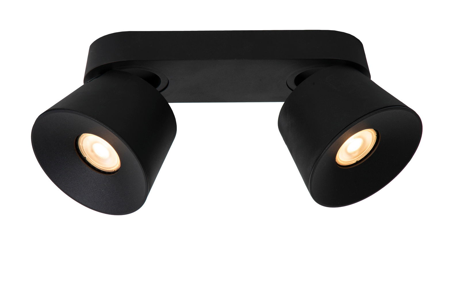 Lucide Strahler TRIGONO Schwarzer Doppelstrahler aus der Vogelperspektive mit zwei leuchtenden LED-Lampen.