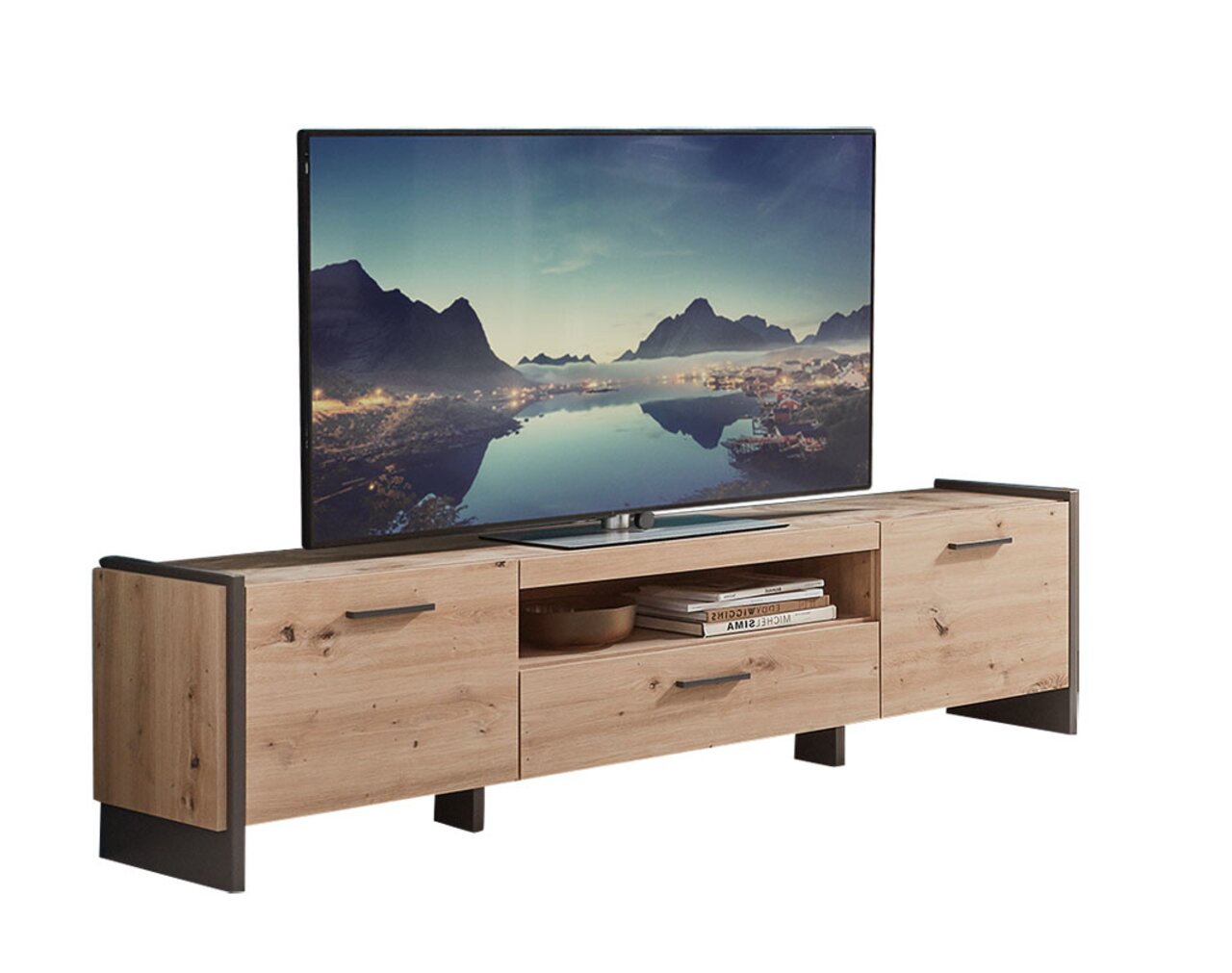 TV-Lowboard aus Holz mit zwei Schubladen und offenem Fach, frontal betrachtet, mit einem großen Fernseher darauf.