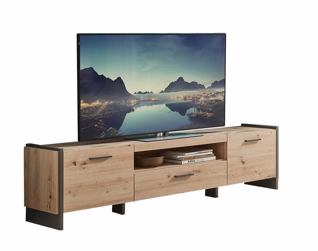 TV-Lowboard aus Holz mit zwei Schubladen und offenem Fach, frontal betrachtet, mit einem großen Fernseher darauf.