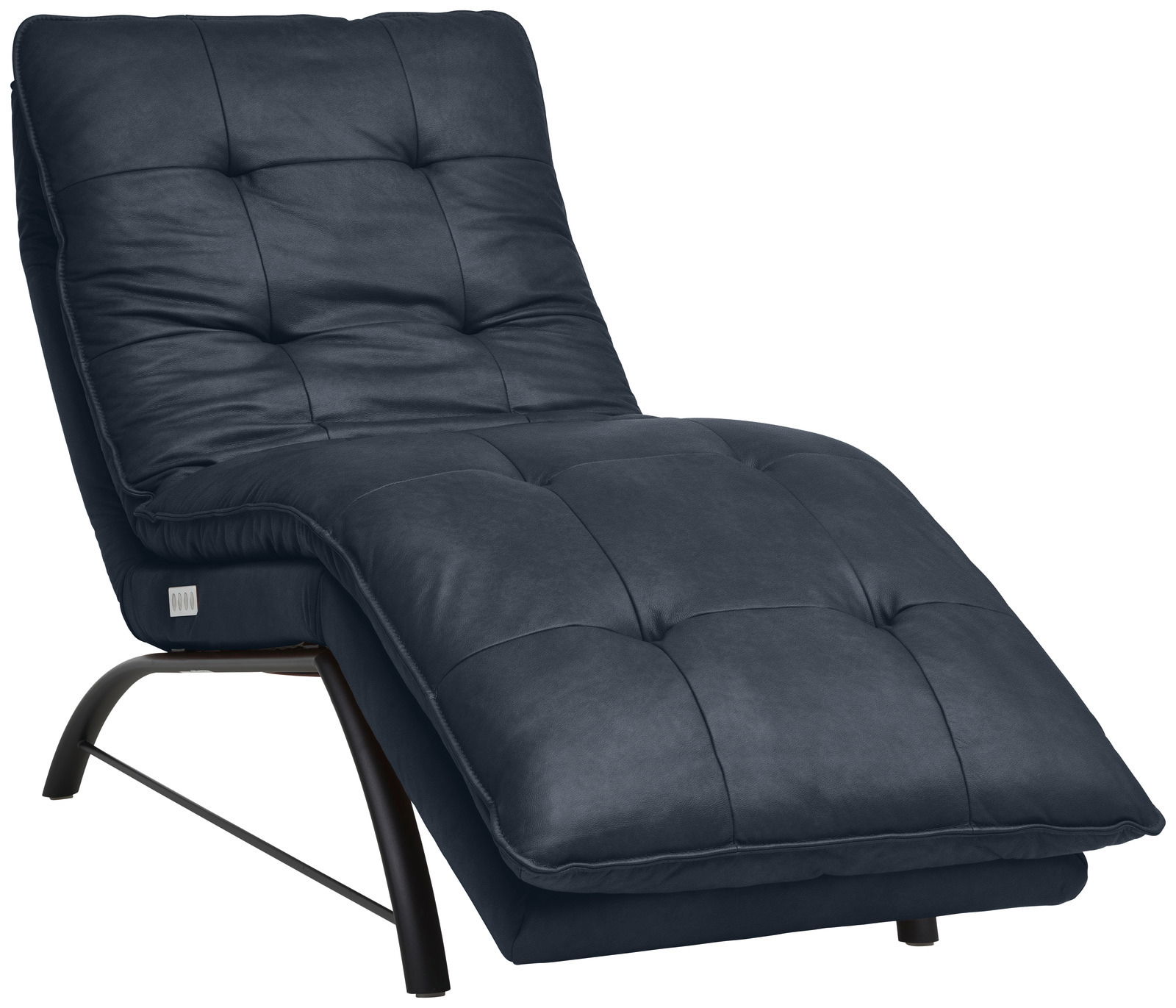 Elegante Liege in dunklem Stoff mit gepolstertem Design, seitliche Perspektive